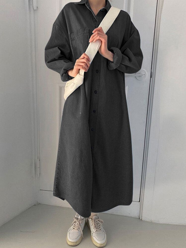 Robe Chemise En Denim À Revers Lâche Avec Poche Boutonnée