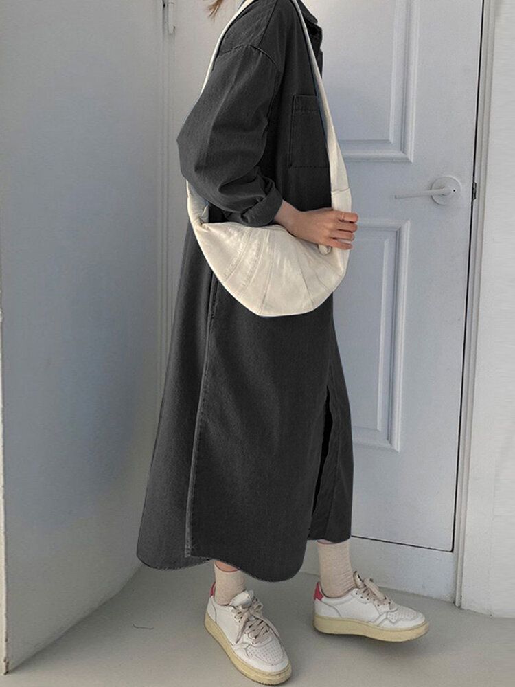 Robe Chemise En Denim À Revers Lâche Avec Poche Boutonnée