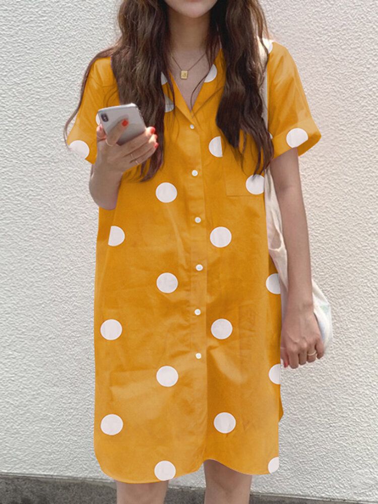 Robe Chemise Fendue Boutonnée À Pois Cottagecore
