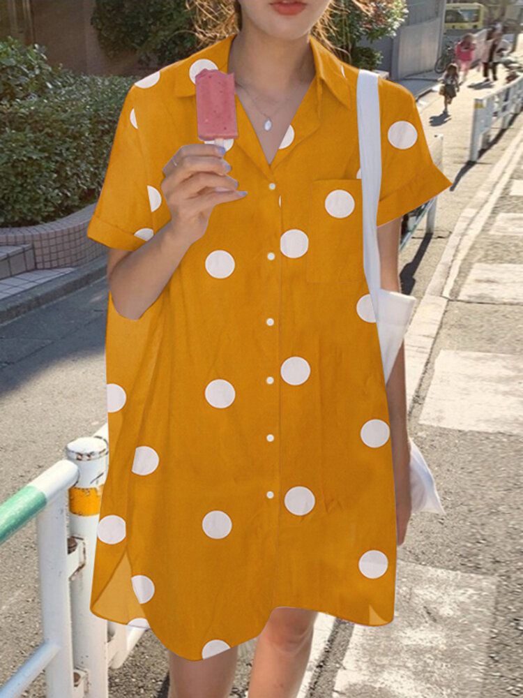 Robe Chemise Fendue Boutonnée À Pois Cottagecore