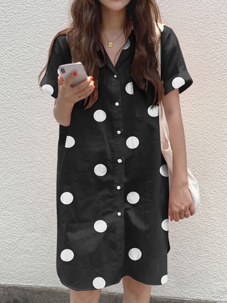 Robe Chemise Fendue Boutonnée À Pois Cottagecore