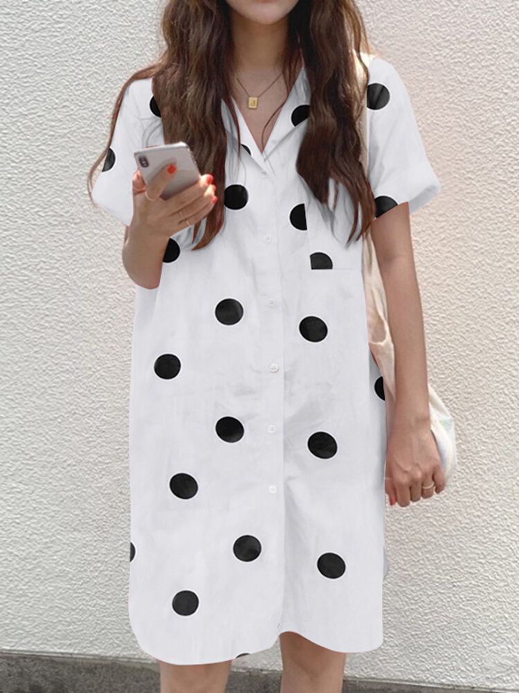 Robe Chemise Fendue Boutonnée À Pois Cottagecore