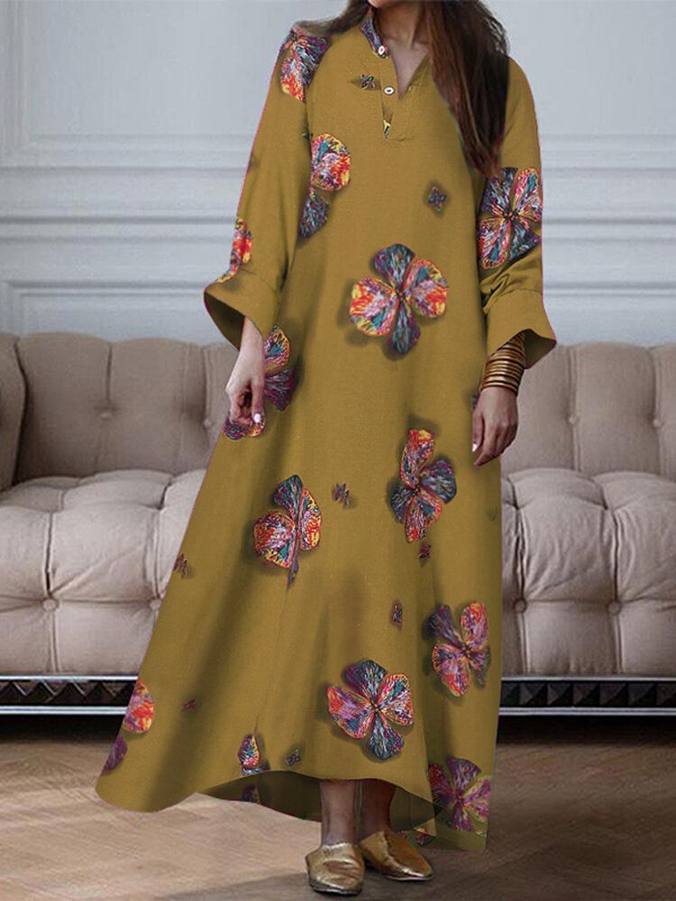 Robe Chemise Longue Décontractée À Manches Longues Et Col En V Pour Femmes