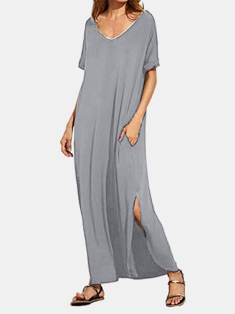 Robe Maxi À Manches Courtes Et Col En V À Ourlet Fendu Uni
