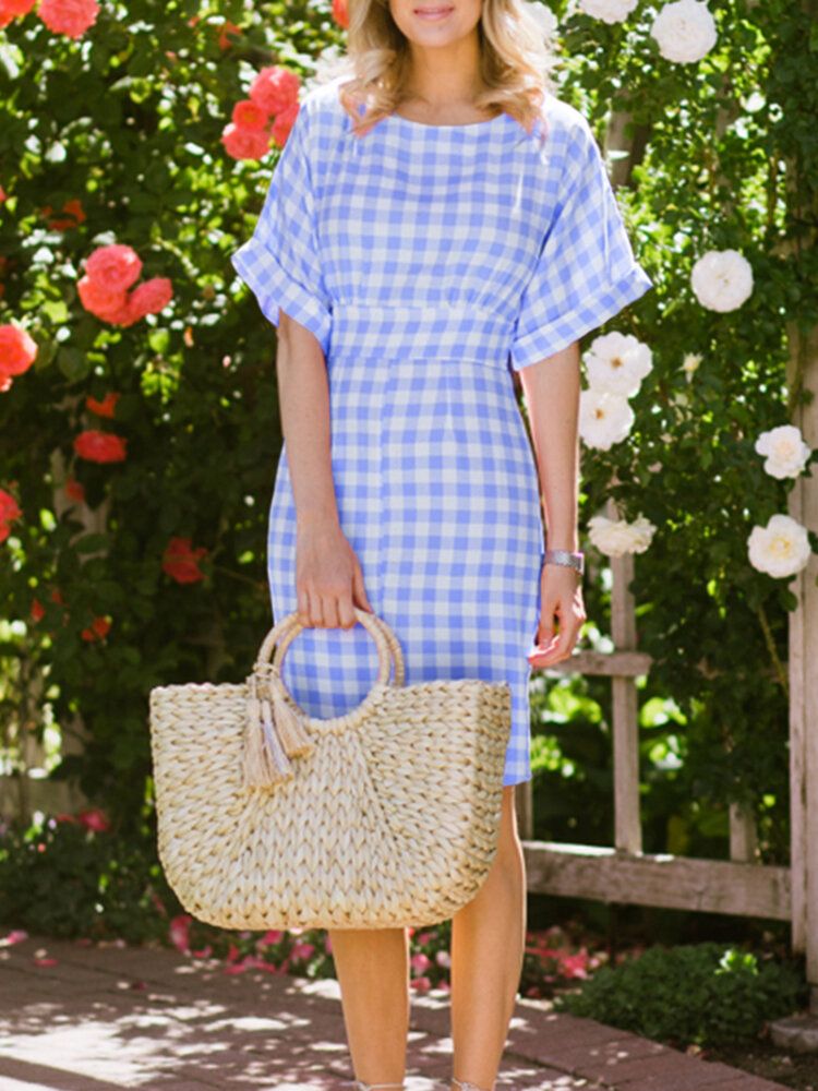 Robe Zippée Au Dos À Carreaux Avec Poches Latérales Pour Femme