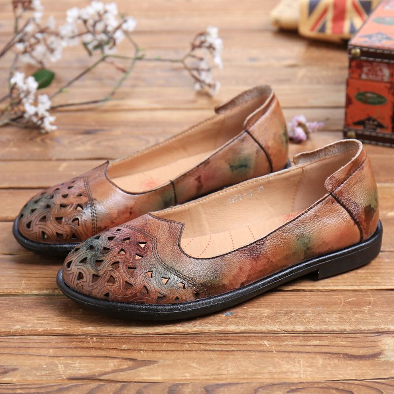 Socofy Bohemian Leather Hollow Tie-dyed Soft Casual Slip On Mocassins Chaussures Plates