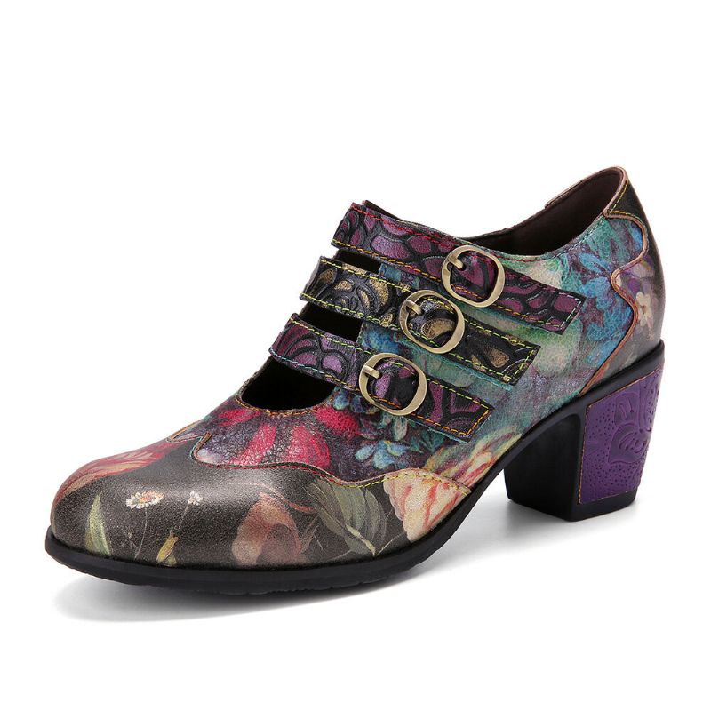 Socofy Femmes Rétro Floral Impression Cuir Confortable Crochet Boucle Bout Rond Doux Talons Chunky