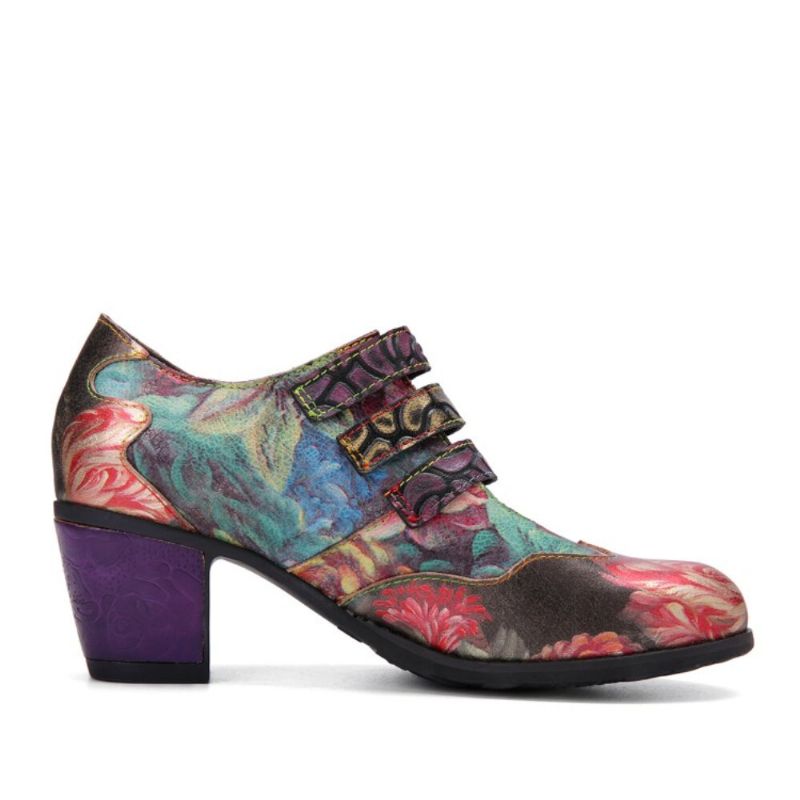 Socofy Femmes Rétro Floral Impression Cuir Confortable Crochet Boucle Bout Rond Doux Talons Chunky