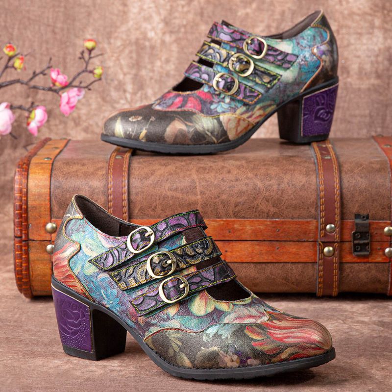 Socofy Femmes Rétro Floral Impression Cuir Confortable Crochet Boucle Bout Rond Doux Talons Chunky