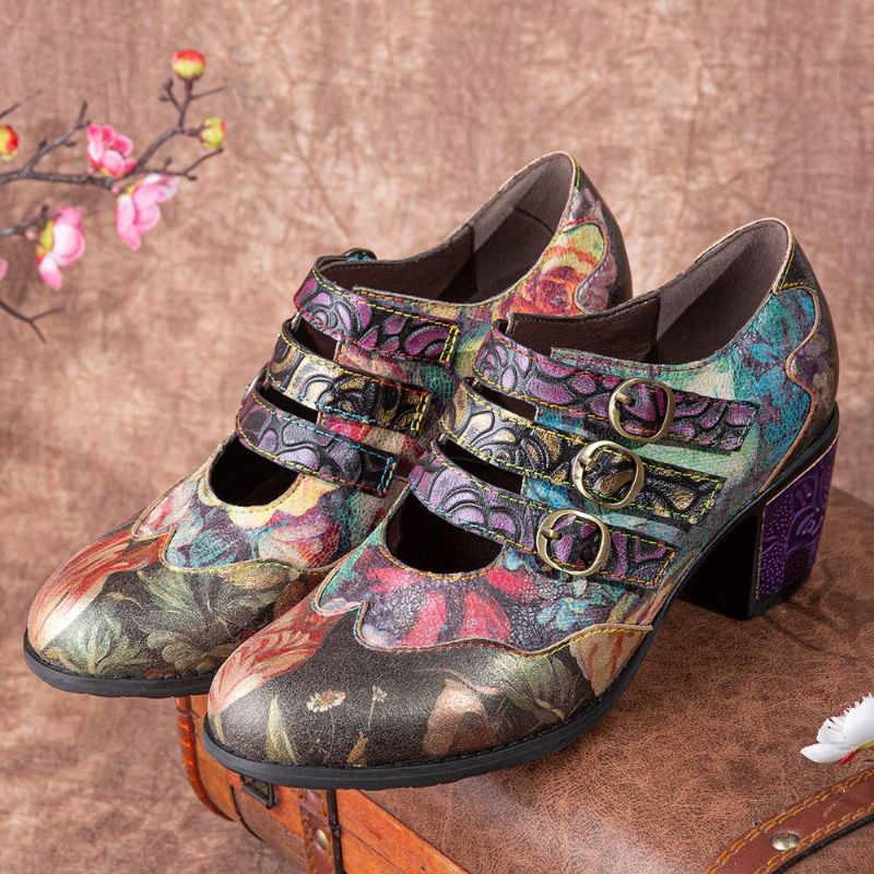 Socofy Femmes Rétro Floral Impression Cuir Confortable Crochet Boucle Bout Rond Doux Talons Chunky