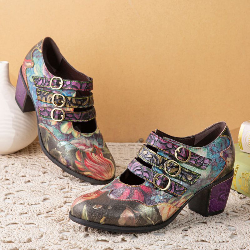 Socofy Femmes Rétro Floral Impression Cuir Confortable Crochet Boucle Bout Rond Doux Talons Chunky