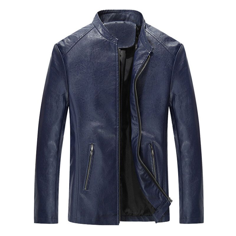 Veste De Motard Noire À Col Montant Pour Homme Printemps Automne Faux Leat