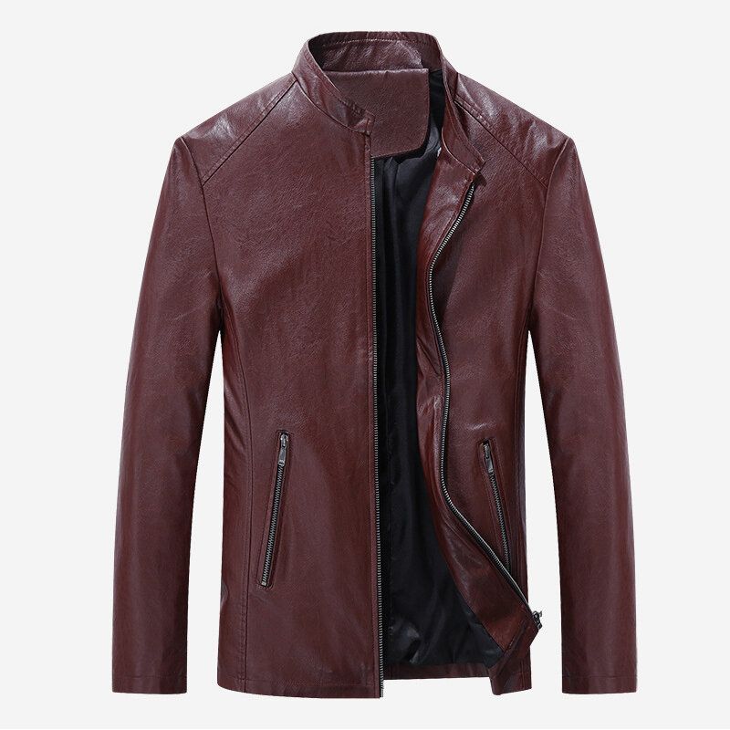 Veste De Motard Noire À Col Montant Pour Homme Printemps Automne Faux Leat