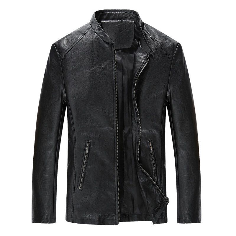 Veste De Motard Noire À Col Montant Pour Homme Printemps Automne Faux Leat