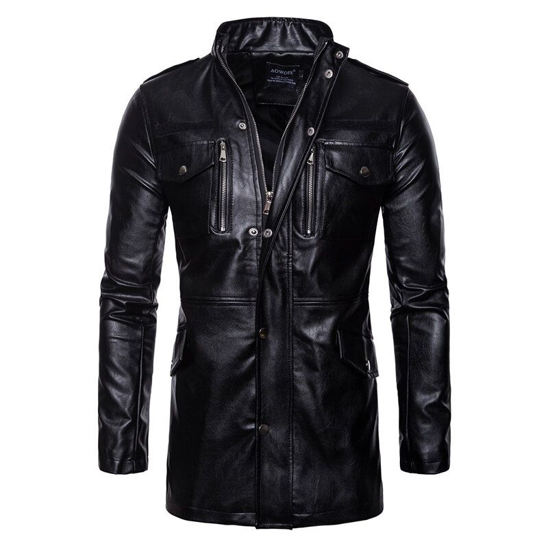Veste En Similicuir Noir Mi-long Pour Homme Avec Poche Et Col Montant