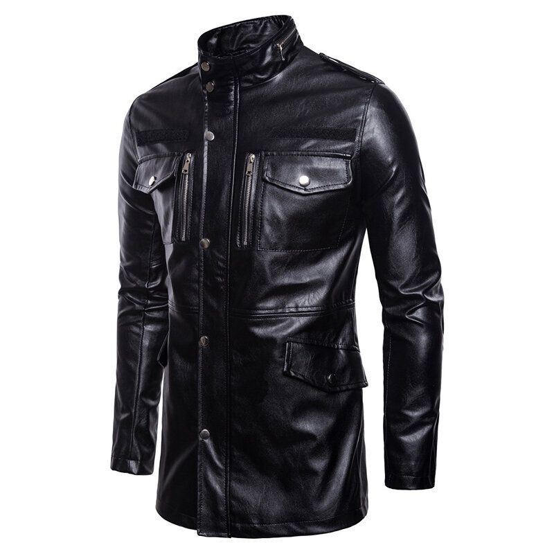 Veste En Similicuir Noir Mi-long Pour Homme Avec Poche Et Col Montant