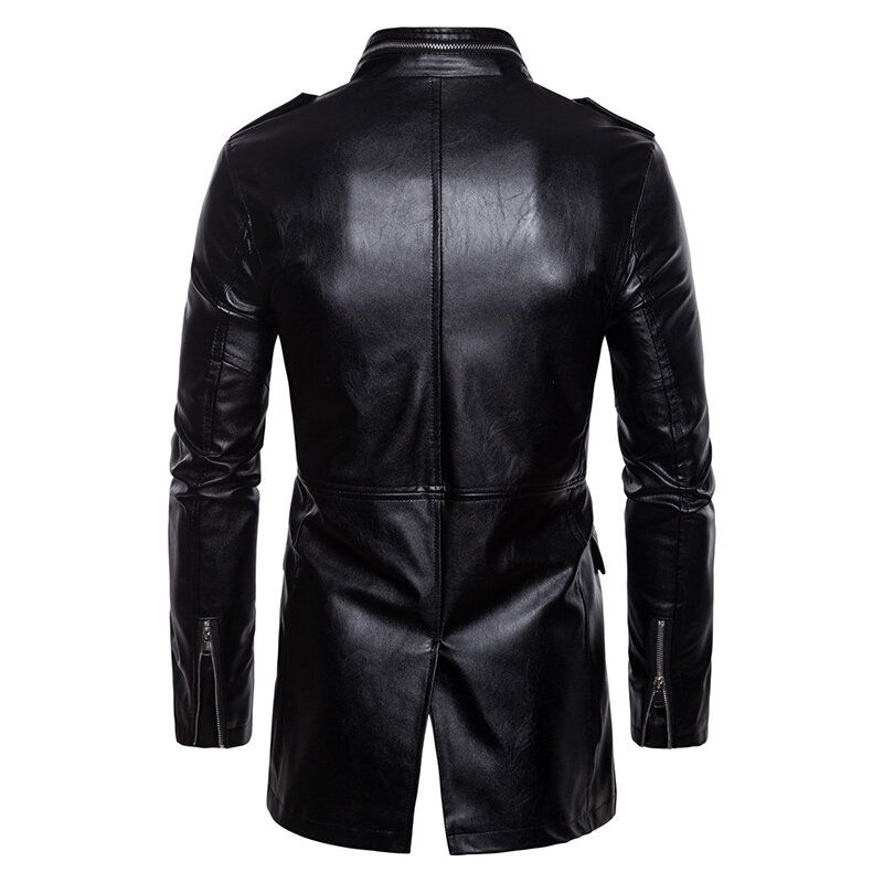 Veste En Similicuir Noir Mi-long Pour Homme Avec Poche Et Col Montant