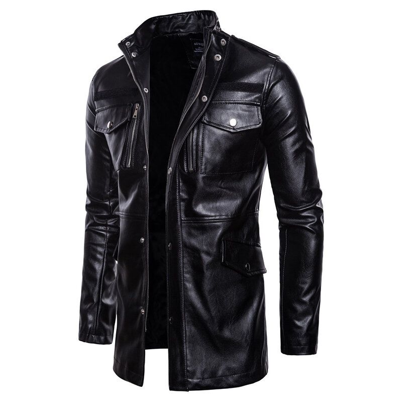 Veste En Similicuir Noir Mi-long Pour Homme Avec Poche Et Col Montant