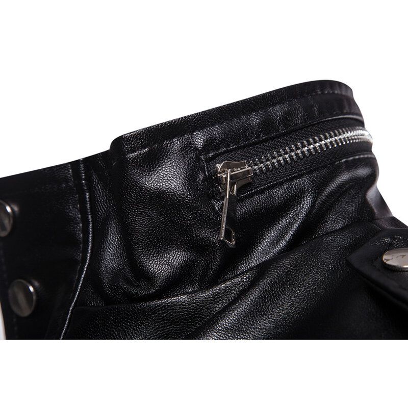 Veste En Similicuir Noir Mi-long Pour Homme Avec Poche Et Col Montant