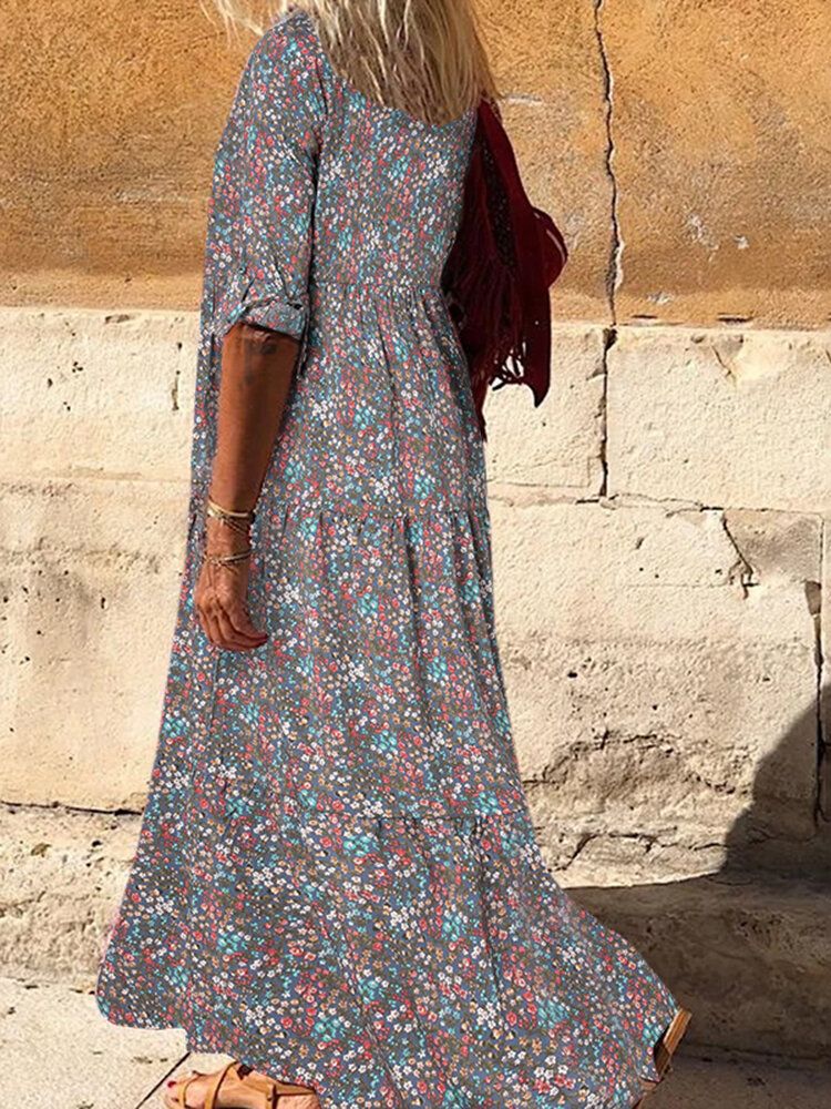 Vintage Floral Print Revers Plis Manches Longues Chemise Bohème Maxi Dress Pour Femmes
