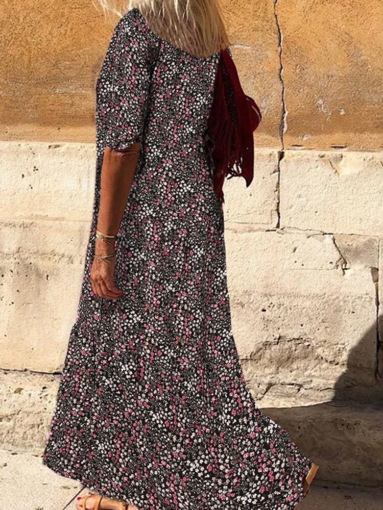 Vintage Floral Print Revers Plis Manches Longues Chemise Bohème Maxi Dress Pour Femmes