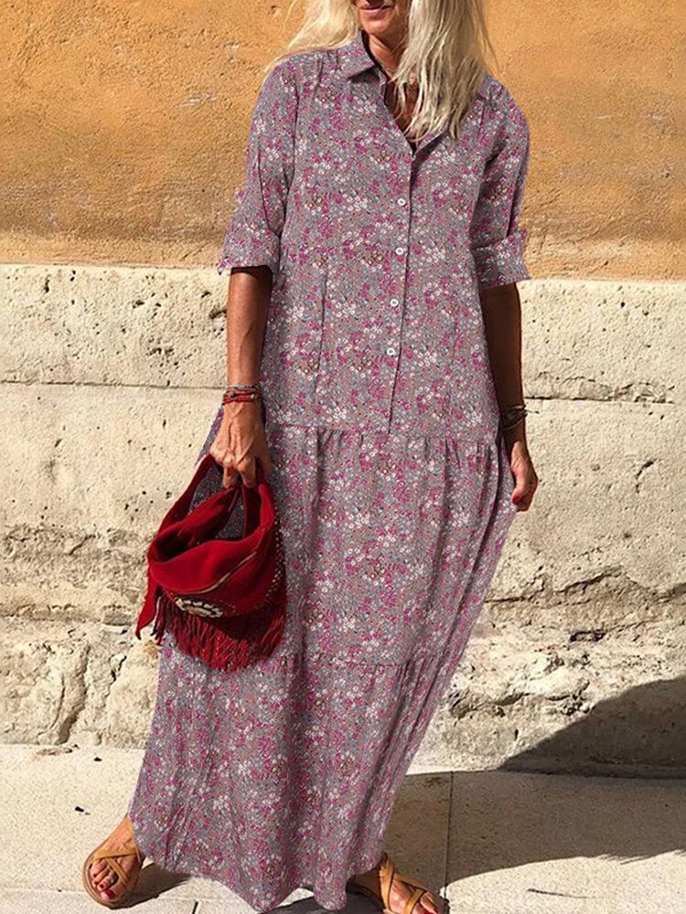 Vintage Floral Print Revers Plis Manches Longues Chemise Bohème Maxi Dress Pour Femmes