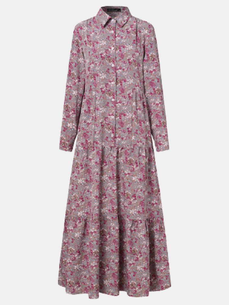 Vintage Floral Print Revers Plis Manches Longues Chemise Bohème Maxi Dress Pour Femmes